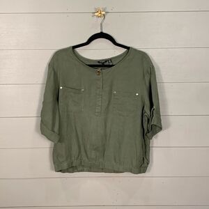 Ellen Tracy 100% linen olive green cropped bubble style blouse size large